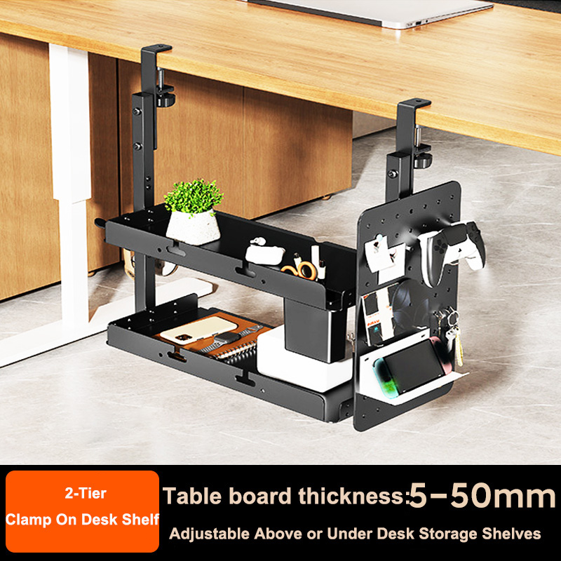 Gaming Accessories For Your Desk - クランプ式14インチデスク上・下2段棚ユニット、テーブルアクセサリー、ゲーム機器、その他の収納トレイ、デスクトップオーガナイザー