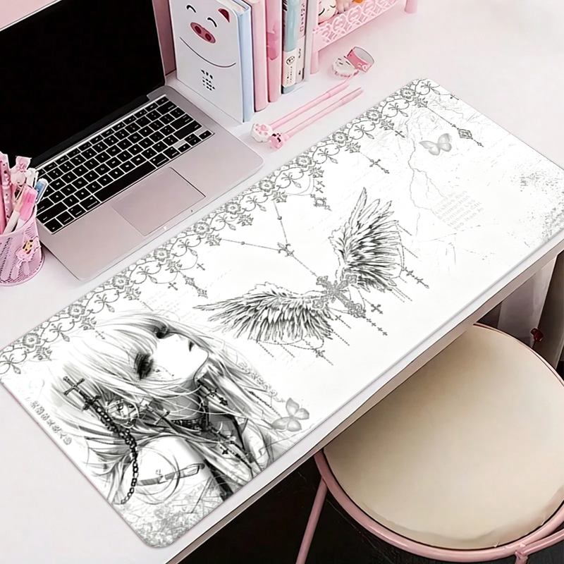 Gaming Accessories For Desk - レザーマウスパッド黒白アニメ美学エンジェルガールマウスパッドオフィスアクセサリーPCゲームキーボードEスポーツHDデスクマット